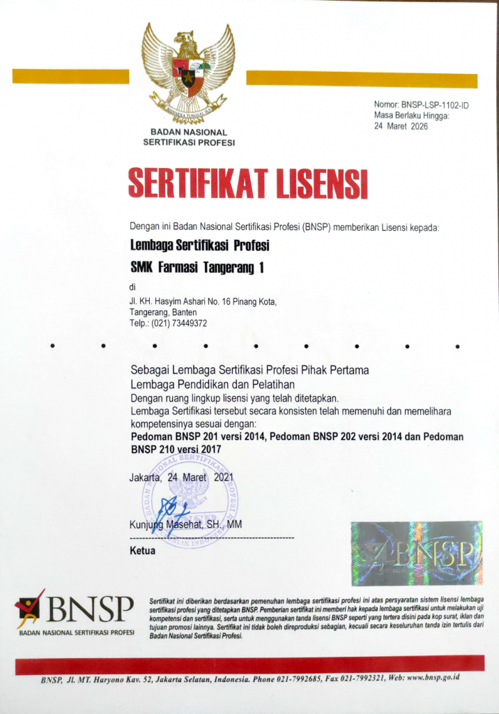 sertifikat LSP P1 SMK Farmasi Tangerang 1